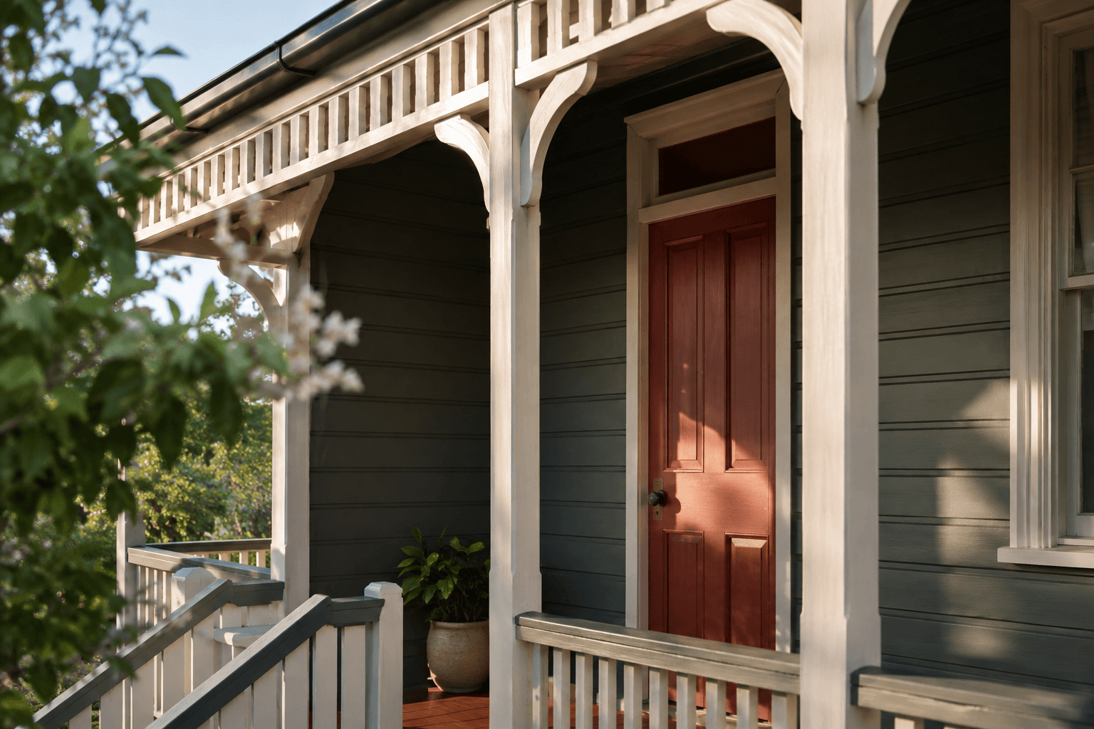 Sage weatherboard verandah with a terracotta front door